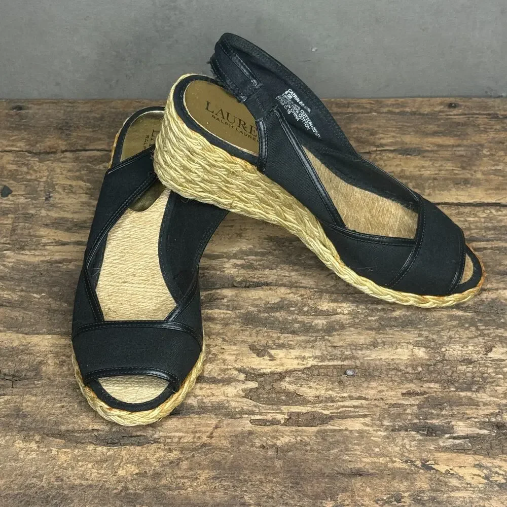 Lauren Ralph Lauren Catrin Espadrille Wedge Slingback Black Canvas Size 6.5B